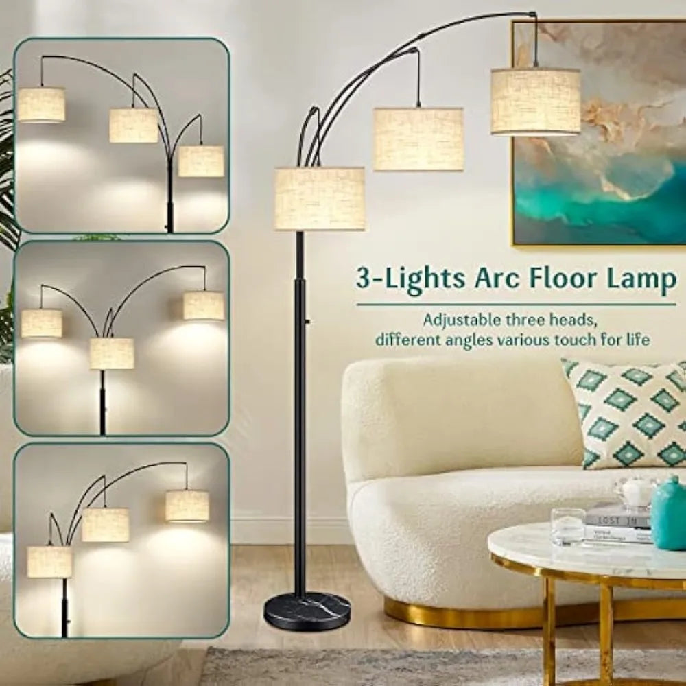 Modern Dimmable Floor Lamp with Adjustable Hanging Fabric Shades, 3-Light Arc Tall Standing Lamp, 3 LED Bulbs Included