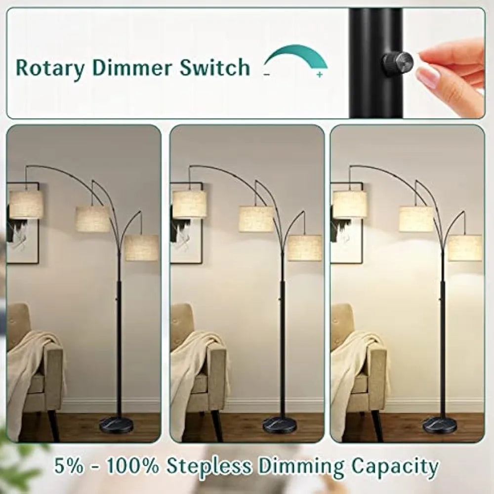 Modern Dimmable Floor Lamp with Adjustable Hanging Fabric Shades, 3-Light Arc Tall Standing Lamp, 3 LED Bulbs Included