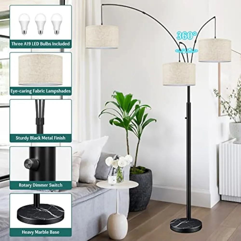 Modern Dimmable Floor Lamp with Adjustable Hanging Fabric Shades, 3-Light Arc Tall Standing Lamp, 3 LED Bulbs Included