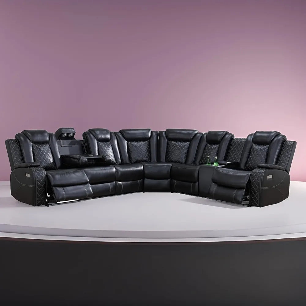 Air Leather Power Recliner Sectional with LED Lights, Reader Lights, Storage Consoles, Cup Holders, USB Charging Port