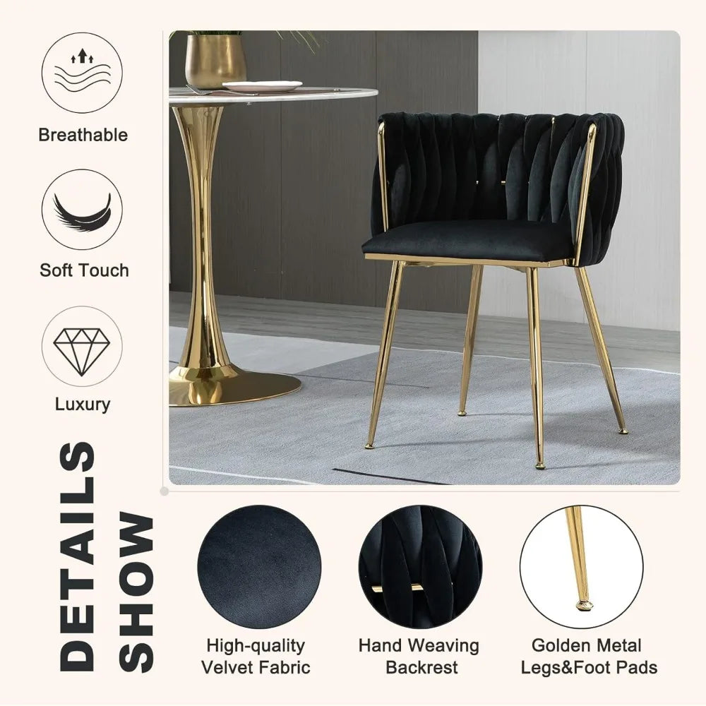 Modern Velvet Dining Chairs Set of 2 Hand Weaving Accent Upholstered Side Chair with for Dining Room Kitchen Vanity Living Room