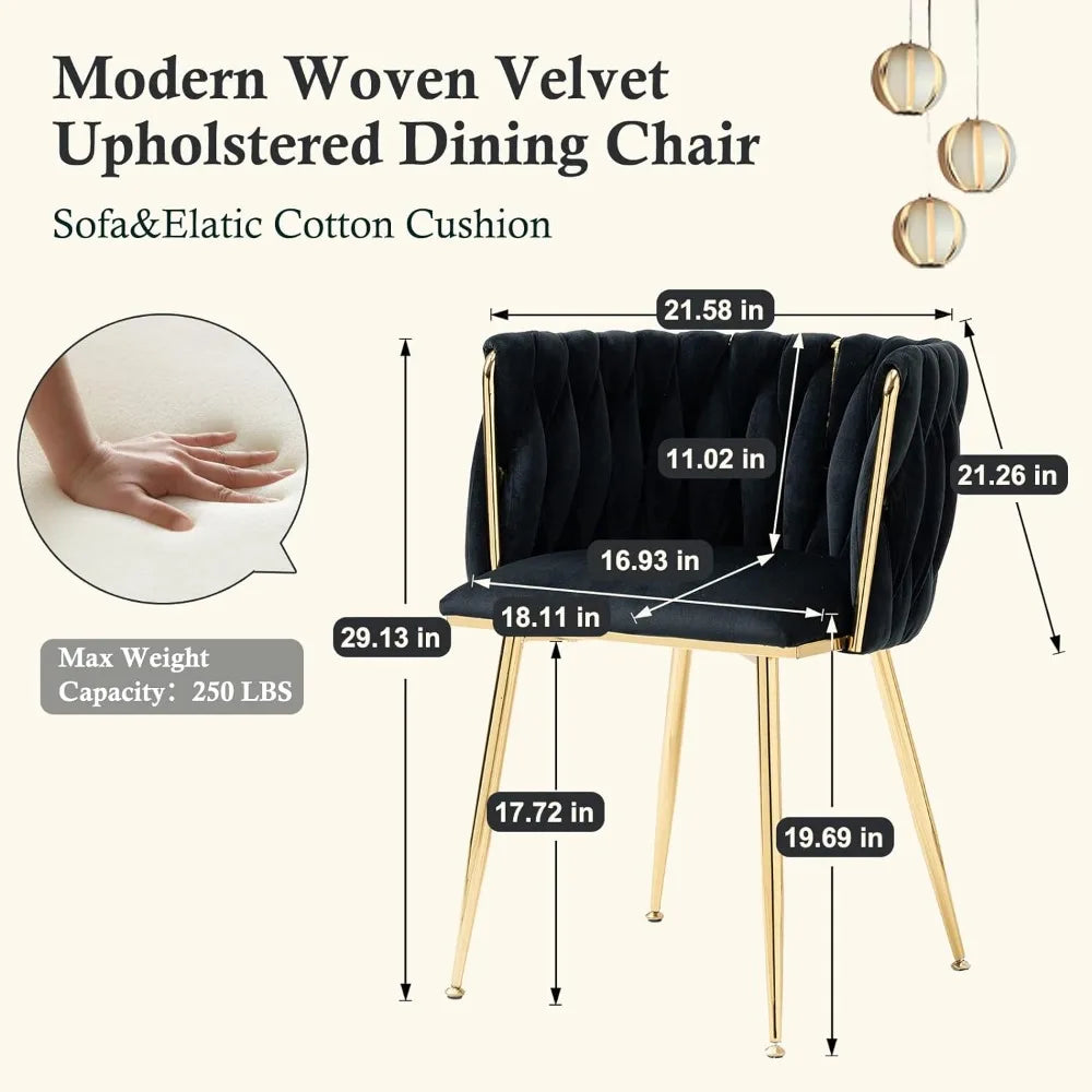 Modern Velvet Dining Chairs Set of 2 Hand Weaving Accent Upholstered Side Chair with for Dining Room Kitchen Vanity Living Room