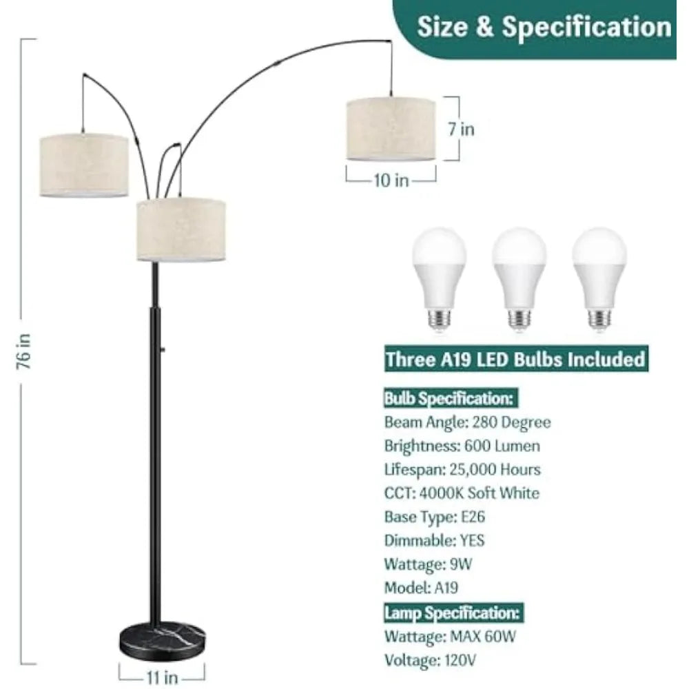 Modern Dimmable Floor Lamp with Adjustable Hanging Fabric Shades, 3-Light Arc Tall Standing Lamp, 3 LED Bulbs Included