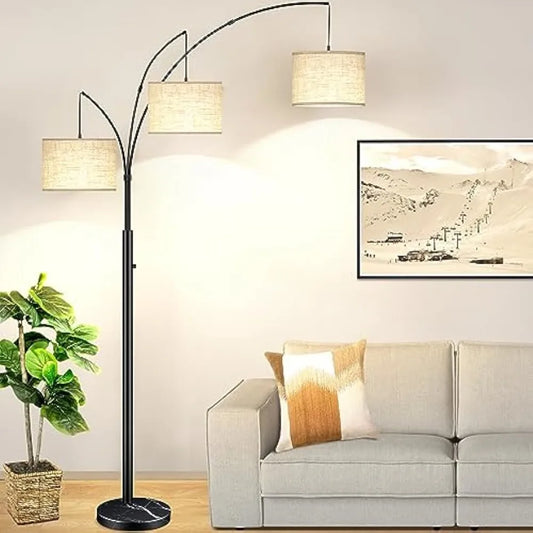 Modern Dimmable Floor Lamp with Adjustable Hanging Fabric Shades, 3-Light Arc Tall Standing Lamp, 3 LED Bulbs Included